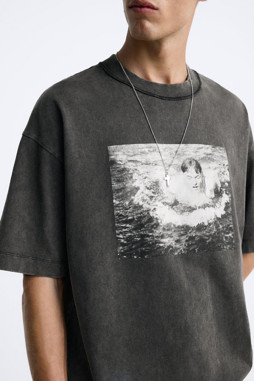 ZARA RECORDS PHOTO PRINT T SHIRT IN ANTHRACITE GREY