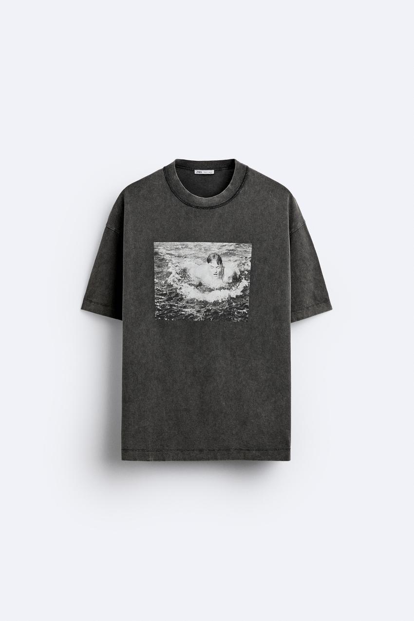 ZARA RECORDS PHOTO PRINT T SHIRT IN ANTHRACITE GREY