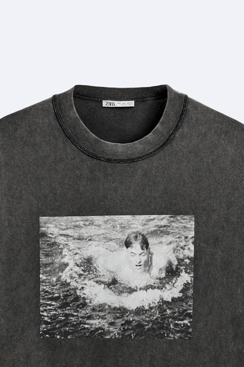 ZARA RECORDS PHOTO PRINT T SHIRT IN ANTHRACITE GREY