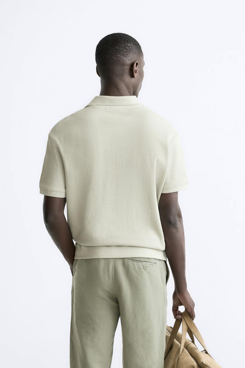 Zara Open neck textured ribbed polo shirt