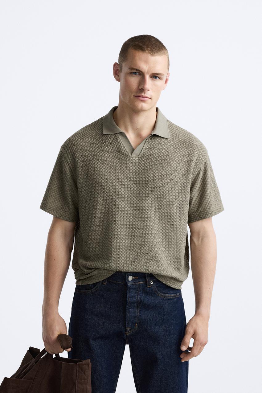 ZARA TEXTURED OPEN NECK POLO SHIRT IN KHAKI