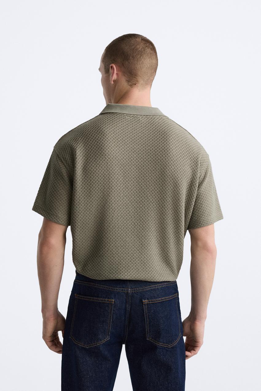 ZARA TEXTURED OPEN NECK POLO SHIRT IN KHAKI