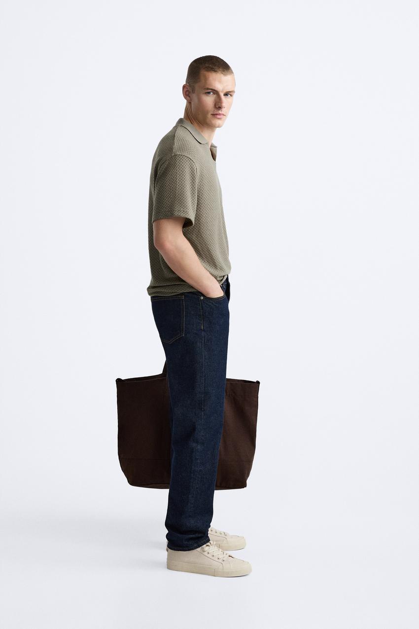 ZARA TEXTURED OPEN NECK POLO SHIRT IN KHAKI