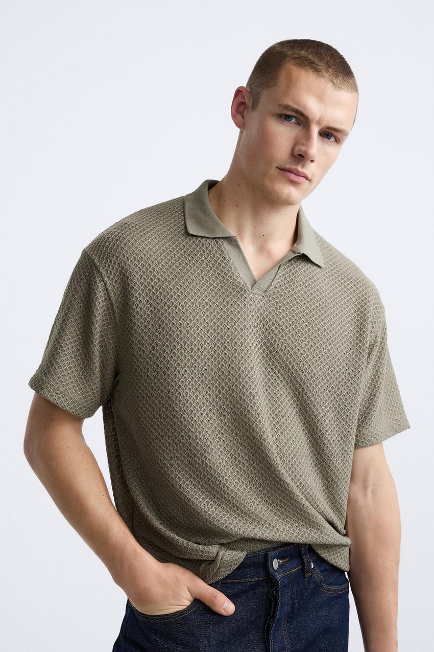 ZARA TEXTURED OPEN NECK POLO SHIRT IN KHAKI