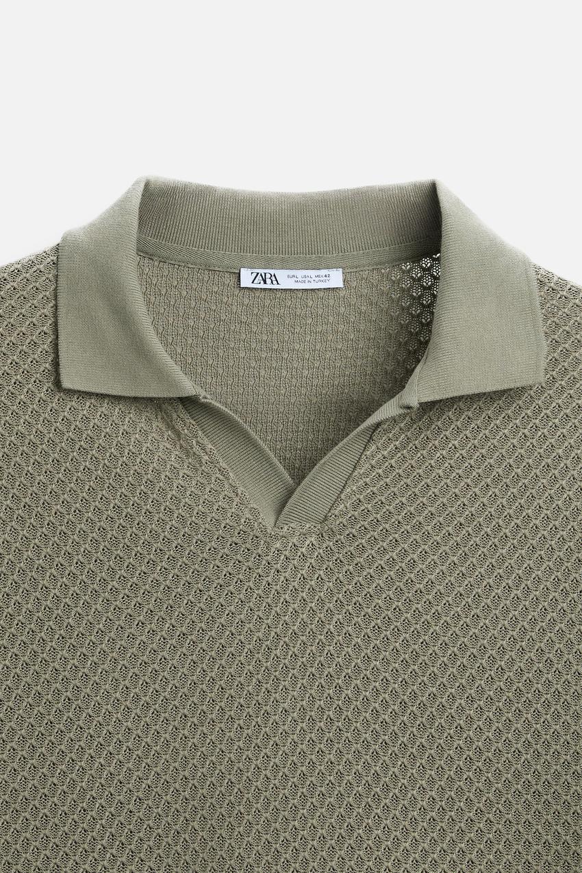 ZARA TEXTURED OPEN NECK POLO SHIRT IN KHAKI