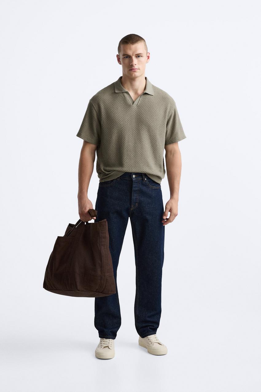 ZARA TEXTURED OPEN NECK POLO SHIRT IN KHAKI