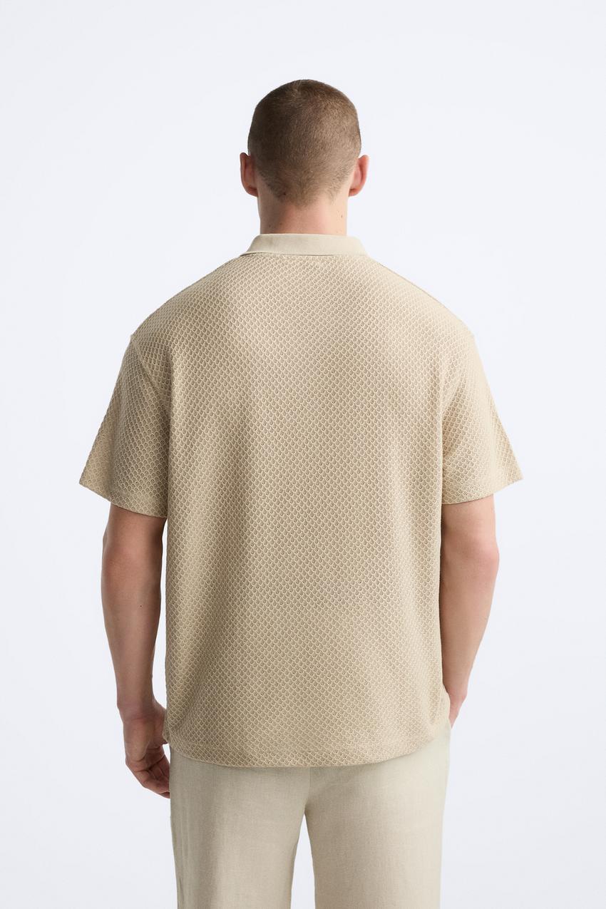ZARA TEXTURED OPEN NECK POLO SHIRT IN CAMEL