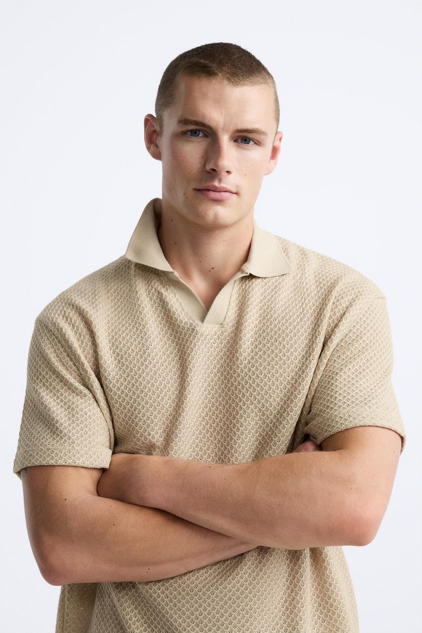 ZARA TEXTURED OPEN NECK POLO SHIRT IN CAMEL
