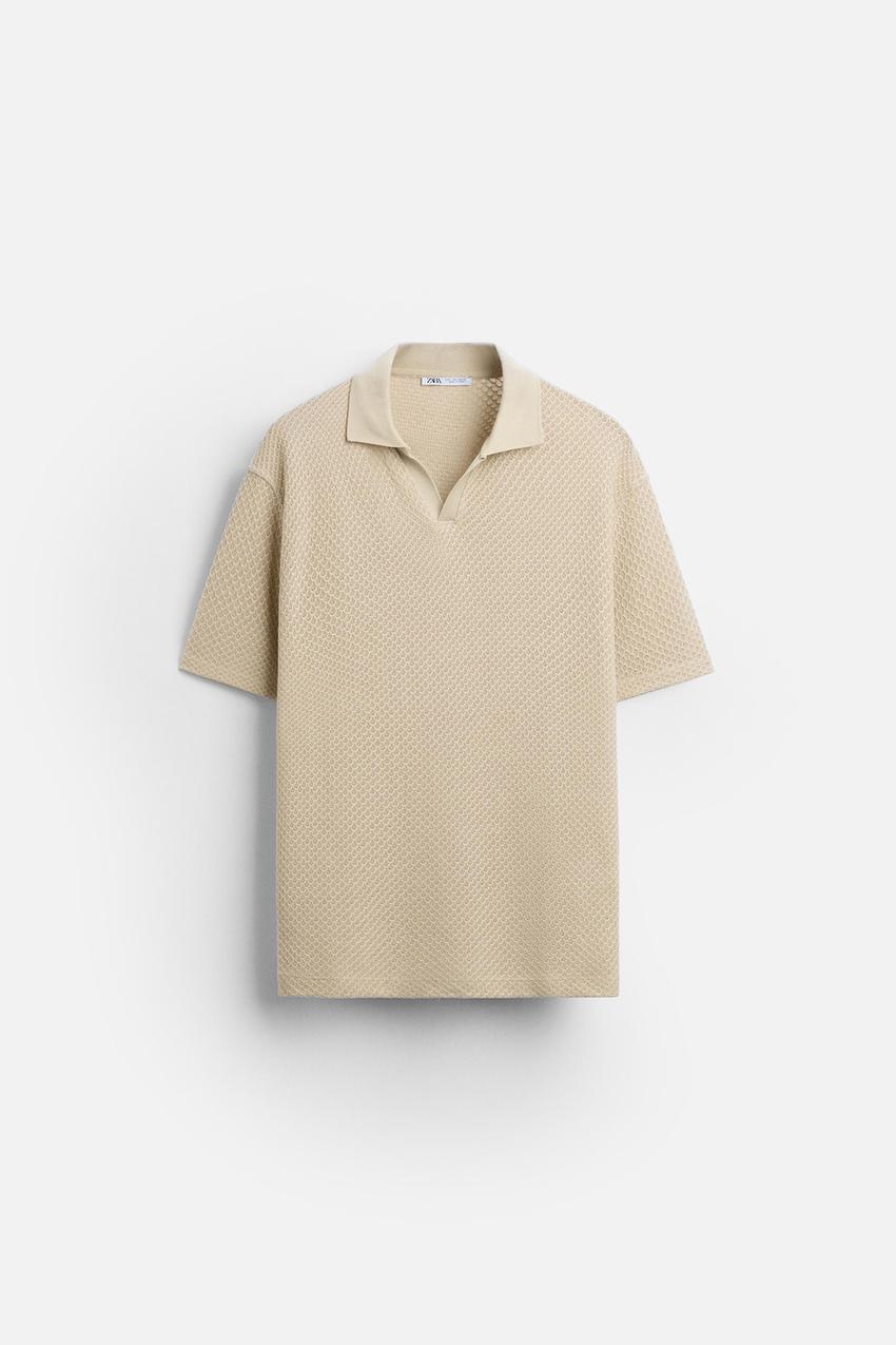 ZARA TEXTURED OPEN NECK POLO SHIRT IN CAMEL