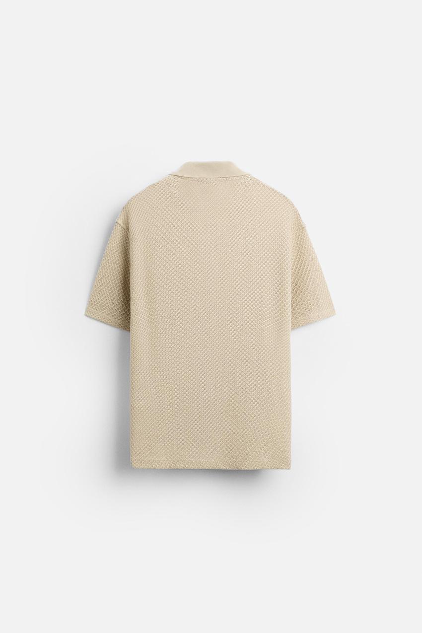 ZARA TEXTURED OPEN NECK POLO SHIRT IN CAMEL