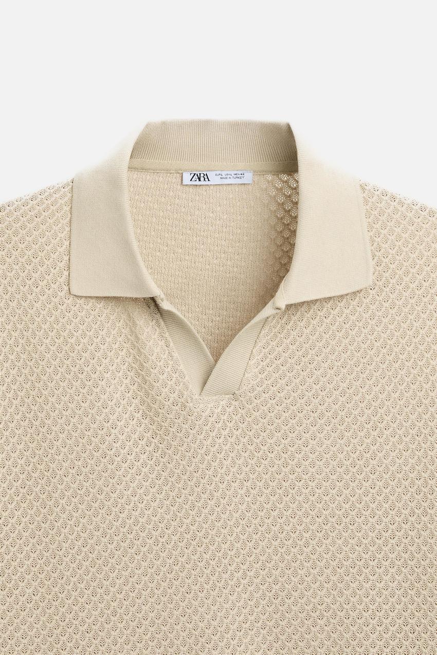 ZARA TEXTURED OPEN NECK POLO SHIRT IN CAMEL