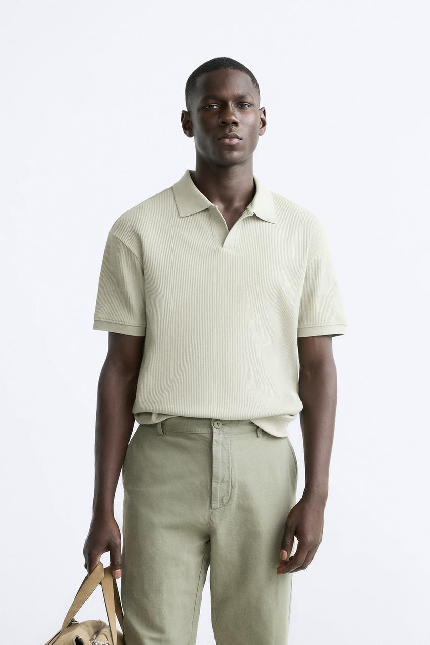 Zara Open neck textured ribbed polo shirt
