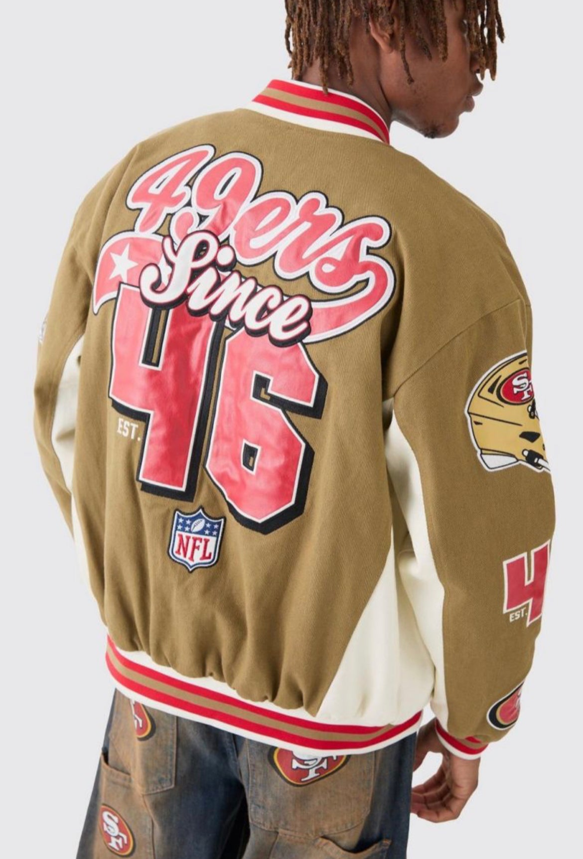Boohoo nfl 49ers varsity PU applique jacket in olive