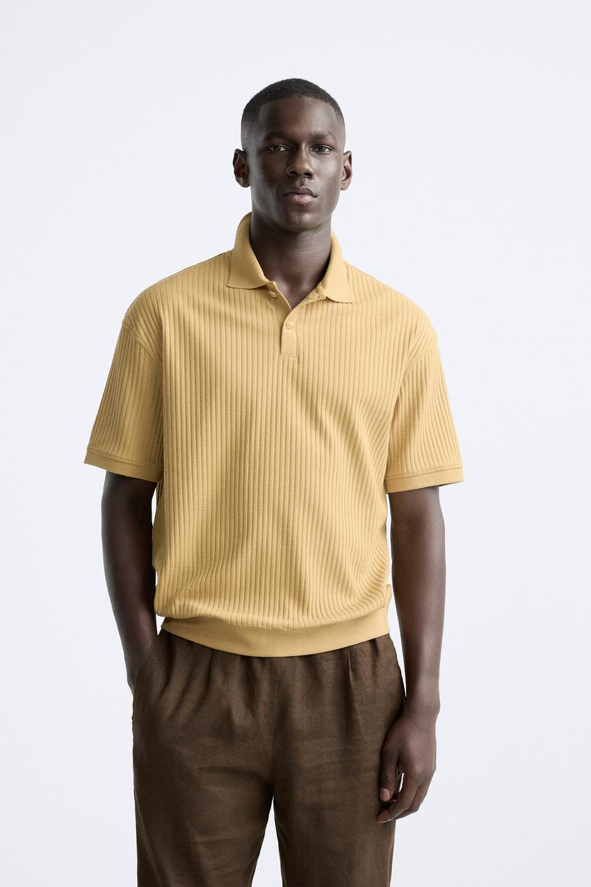 ZARA TEXTURED POLO SHIRT IN OCHRE