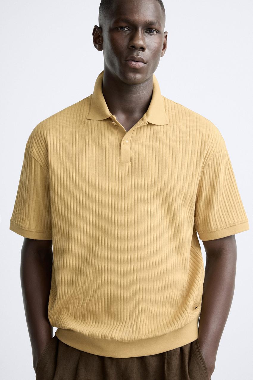 ZARA TEXTURED POLO SHIRT IN OCHRE
