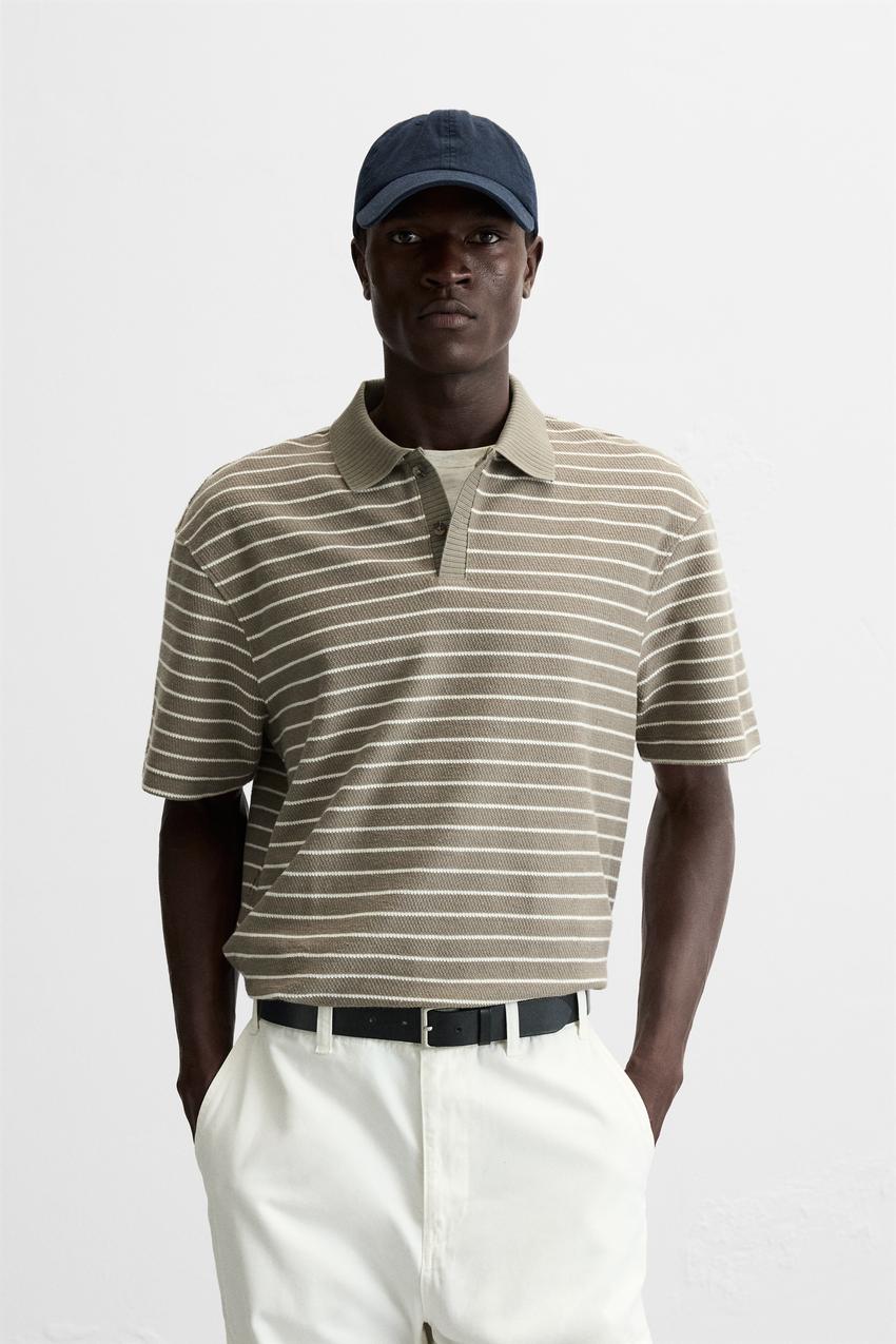 ZARA STRIPED TEXTURED POLO SHIRT BROWN