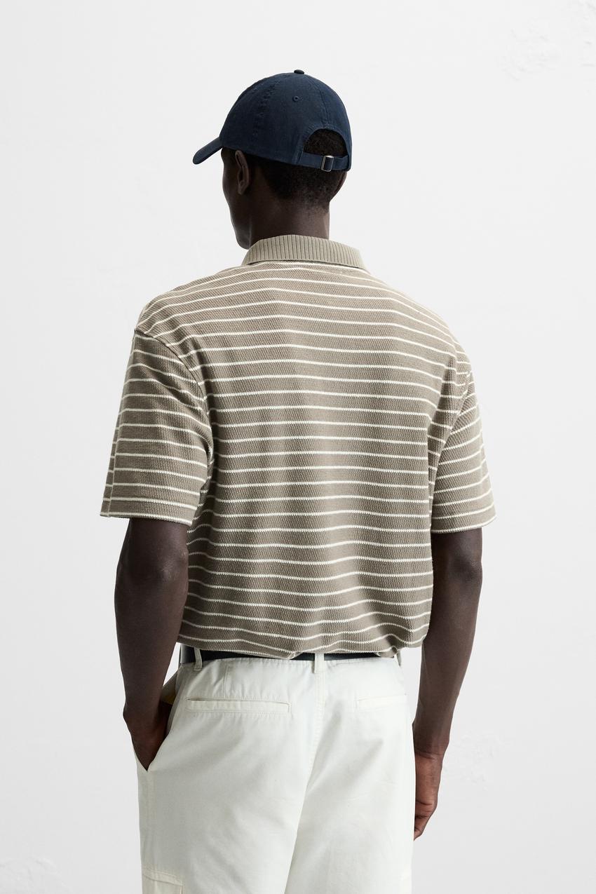 ZARA STRIPED TEXTURED POLO SHIRT BROWN