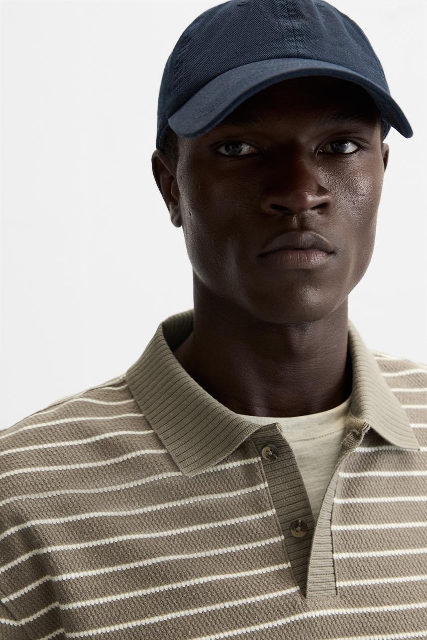 ZARA STRIPED TEXTURED POLO SHIRT BROWN