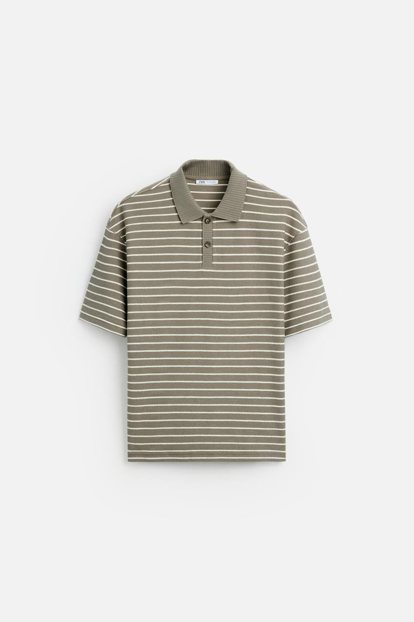 ZARA STRIPED TEXTURED POLO SHIRT BROWN