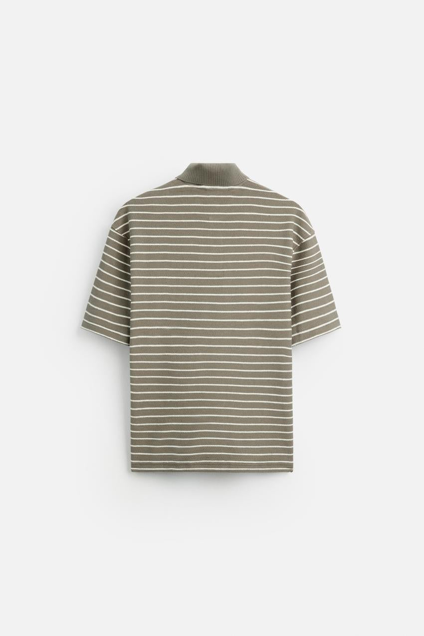 ZARA STRIPED TEXTURED POLO SHIRT BROWN