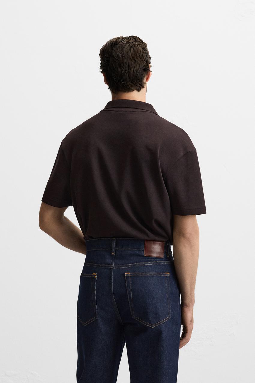 ZARA OPEN NECK GEOMETRIC JACQUARD POLO SHIRT