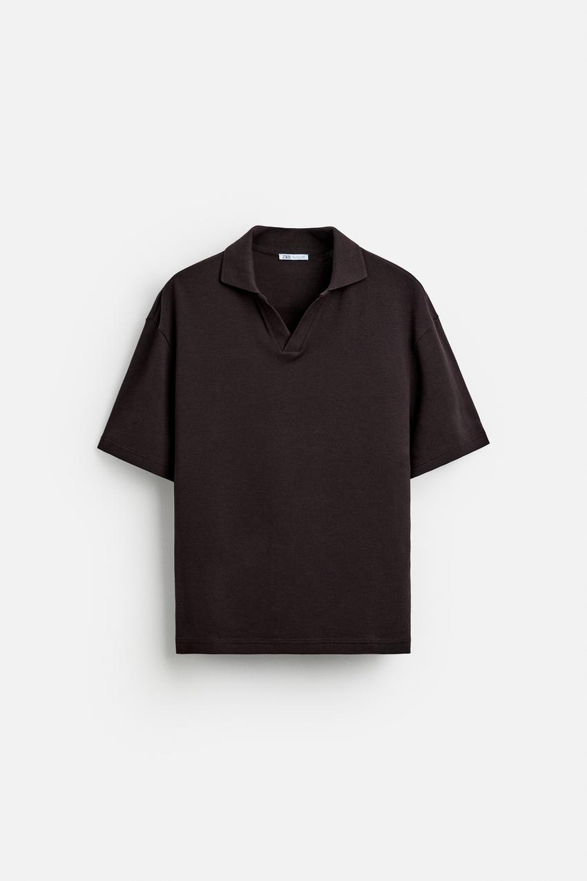 ZARA OPEN NECK GEOMETRIC JACQUARD POLO SHIRT