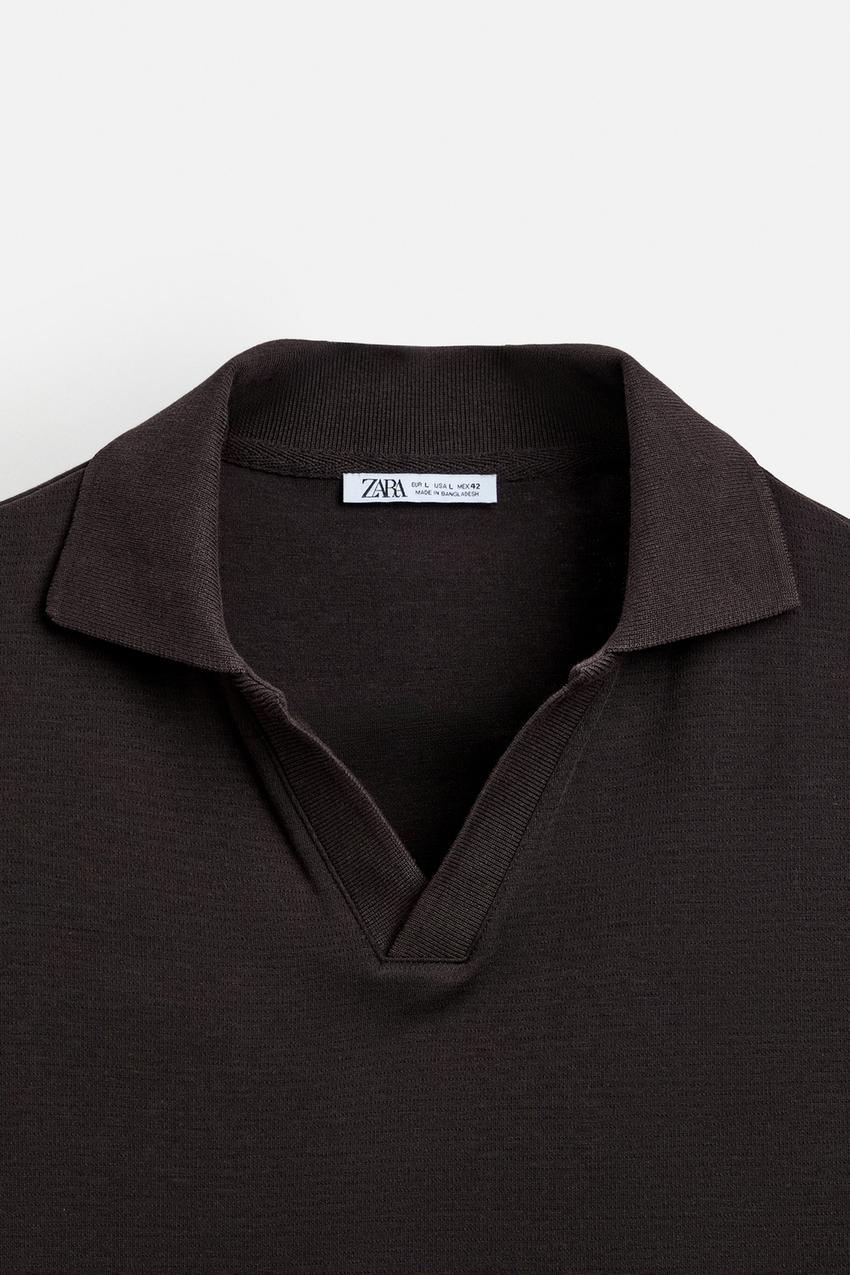 ZARA OPEN NECK GEOMETRIC JACQUARD POLO SHIRT