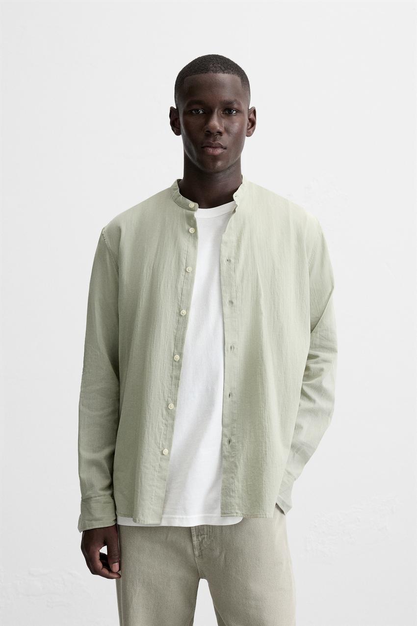 ZARA CREASED-EFFECT COTTON SHIRT IN GREEN