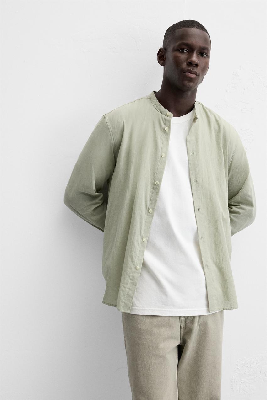 ZARA CREASED-EFFECT COTTON SHIRT IN GREEN