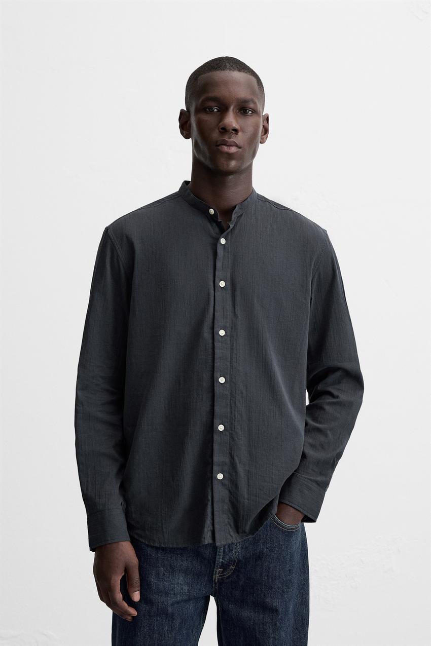 ZARA CREASED-EFFECT COTTON SHIRT IN DARK GREY