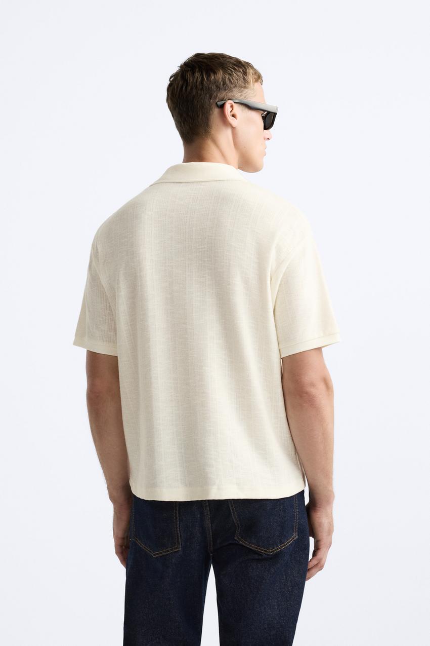 ZARA OPEN NECK VERTICAL TEXTURED POLO SHIRT