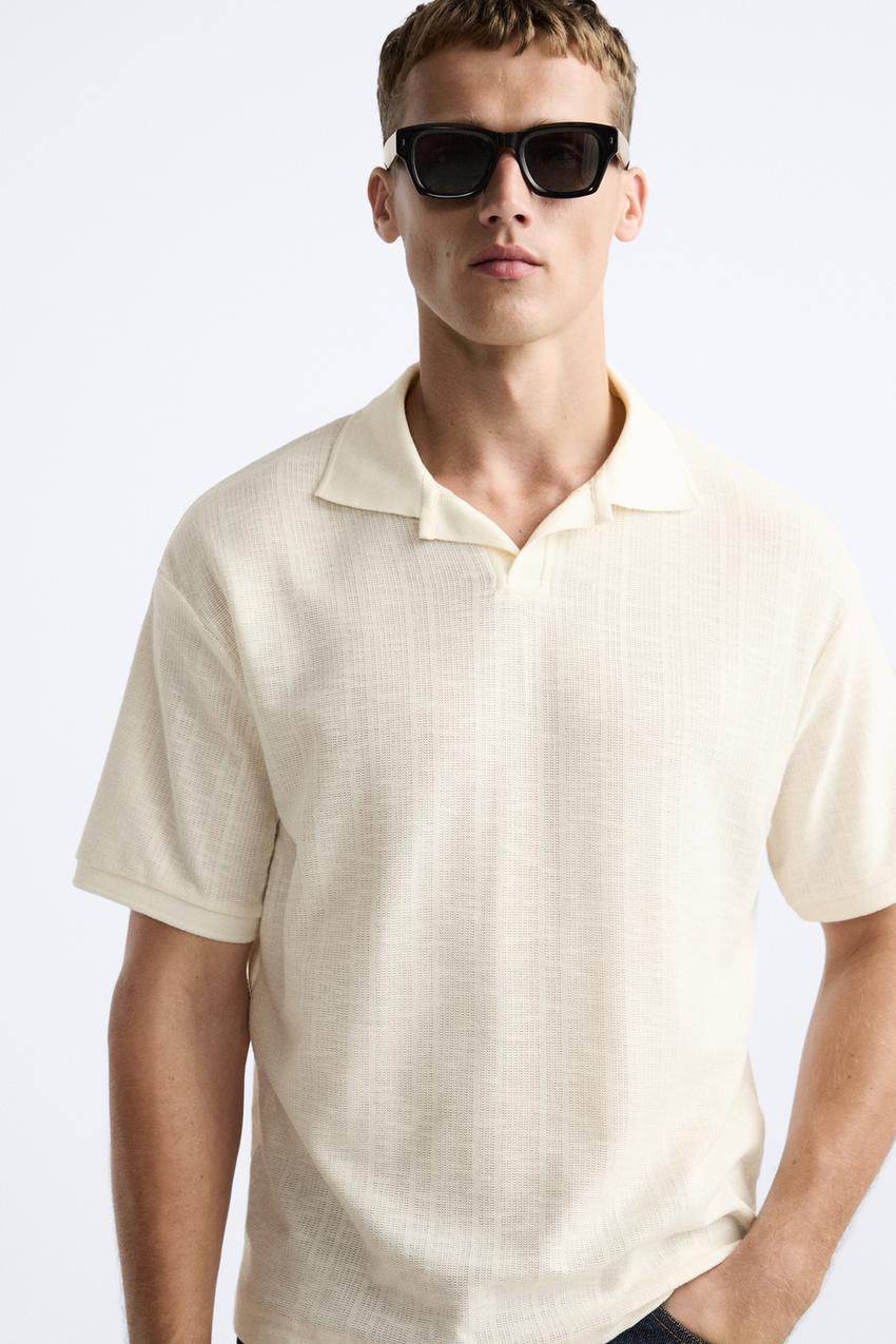 ZARA OPEN NECK VERTICAL TEXTURED POLO SHIRT