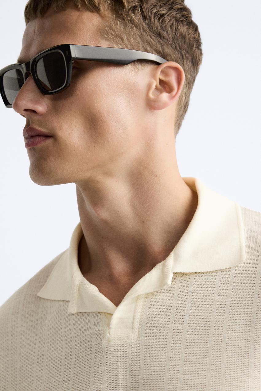 ZARA OPEN NECK VERTICAL TEXTURED POLO SHIRT