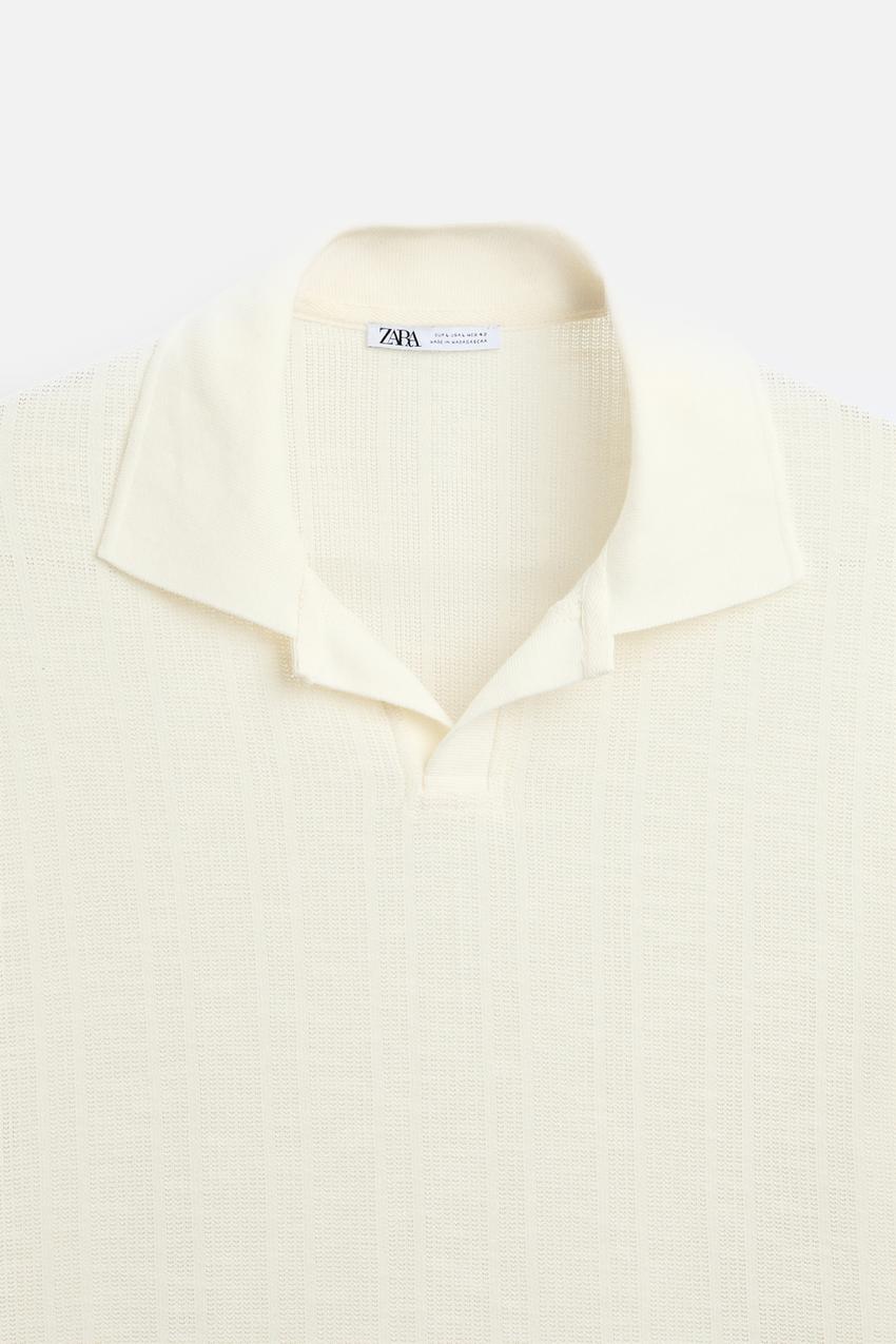 ZARA OPEN NECK VERTICAL TEXTURED POLO SHIRT