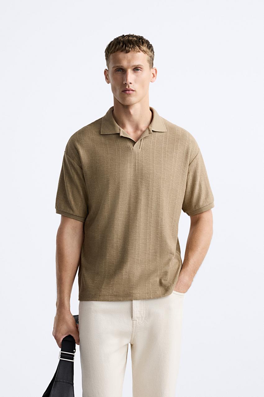ZARA OPEN NECK VERTICAL TEXTURED POLO SHIRT