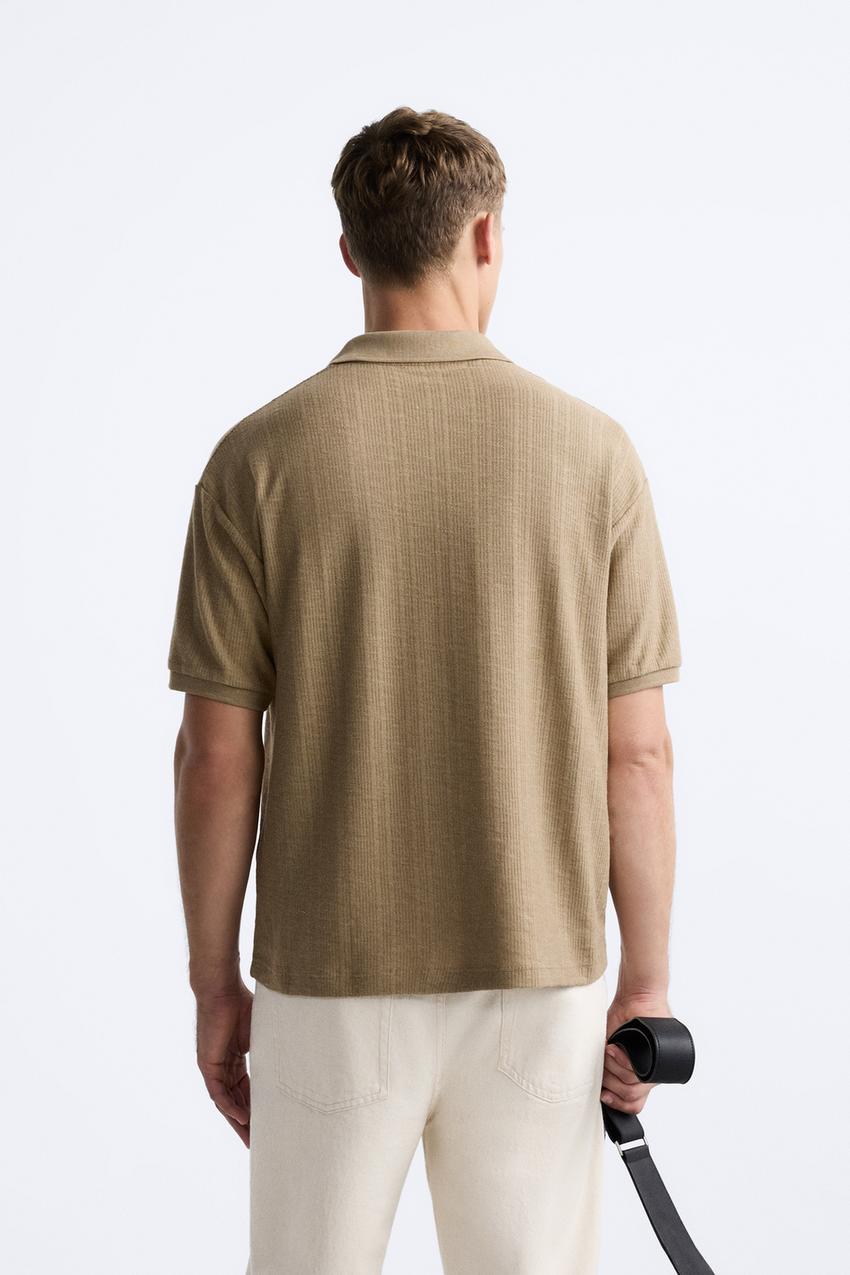 ZARA OPEN NECK VERTICAL TEXTURED POLO SHIRT