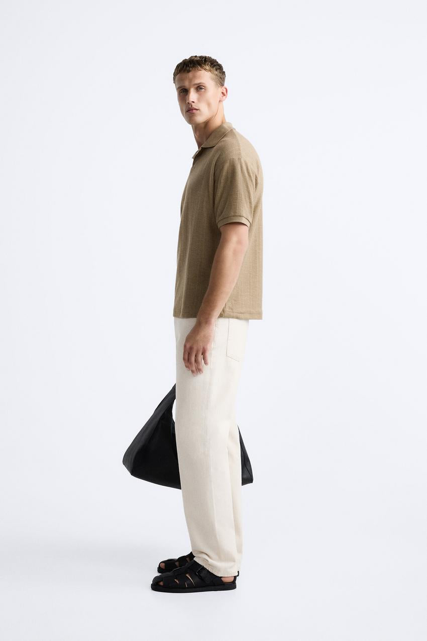 ZARA OPEN NECK VERTICAL TEXTURED POLO SHIRT