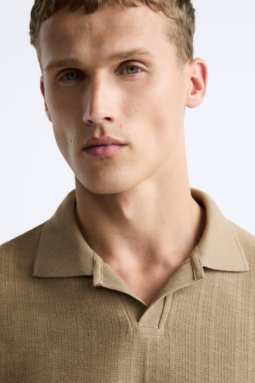 ZARA OPEN NECK VERTICAL TEXTURED POLO SHIRT