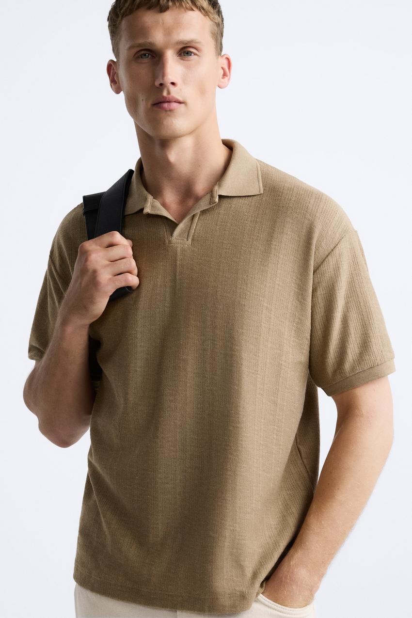 ZARA OPEN NECK VERTICAL TEXTURED POLO SHIRT