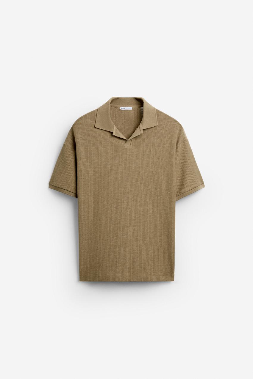 ZARA OPEN NECK VERTICAL TEXTURED POLO SHIRT