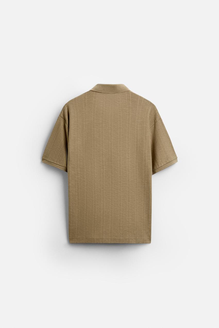 ZARA OPEN NECK VERTICAL TEXTURED POLO SHIRT