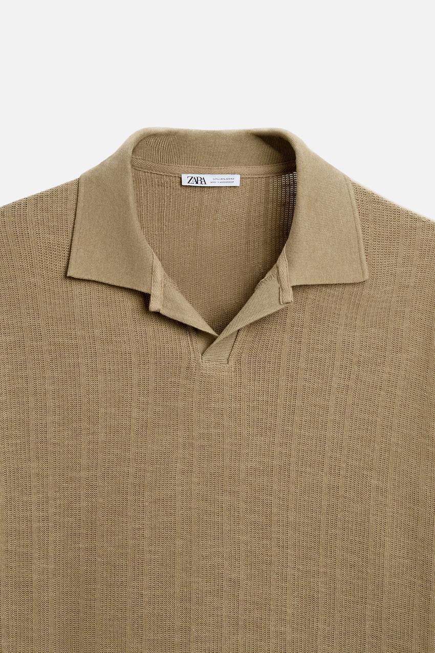 ZARA OPEN NECK VERTICAL TEXTURED POLO SHIRT