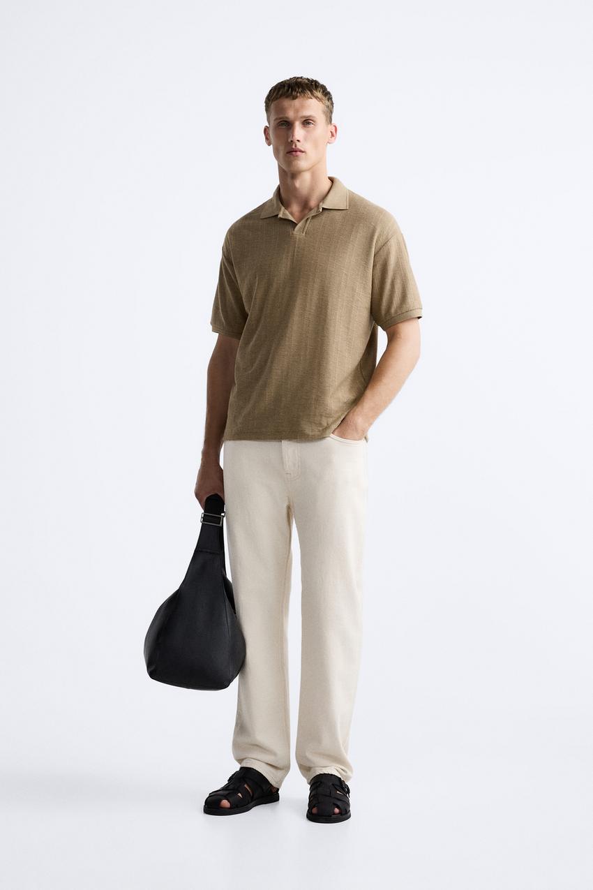 ZARA OPEN NECK VERTICAL TEXTURED POLO SHIRT