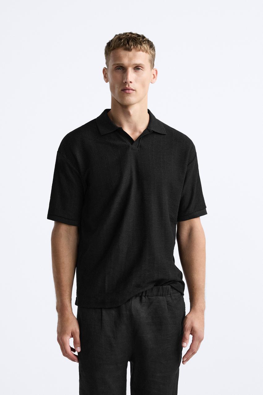 ZARA OPEN NECK VERTICAL TEXTURED POLO SHIRT