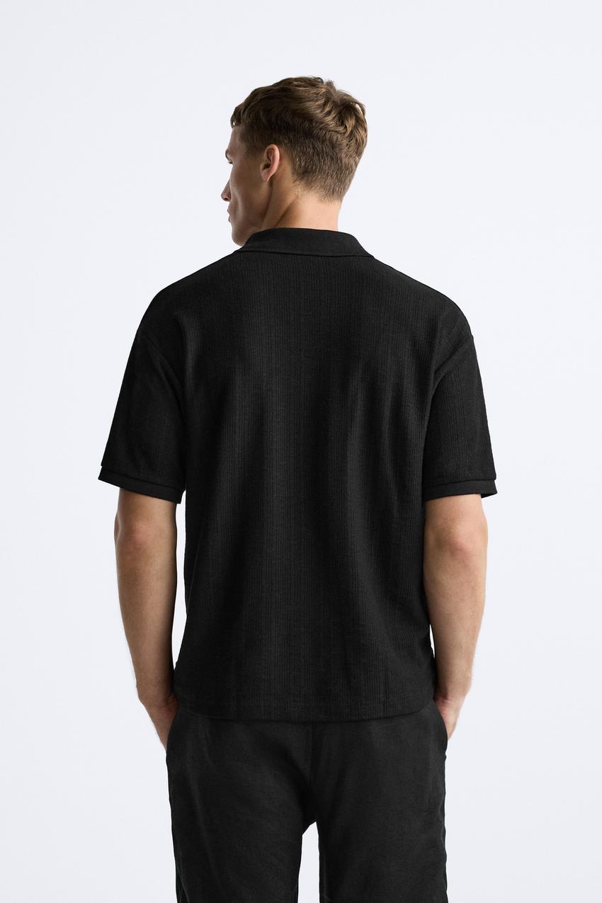 ZARA OPEN NECK VERTICAL TEXTURED POLO SHIRT
