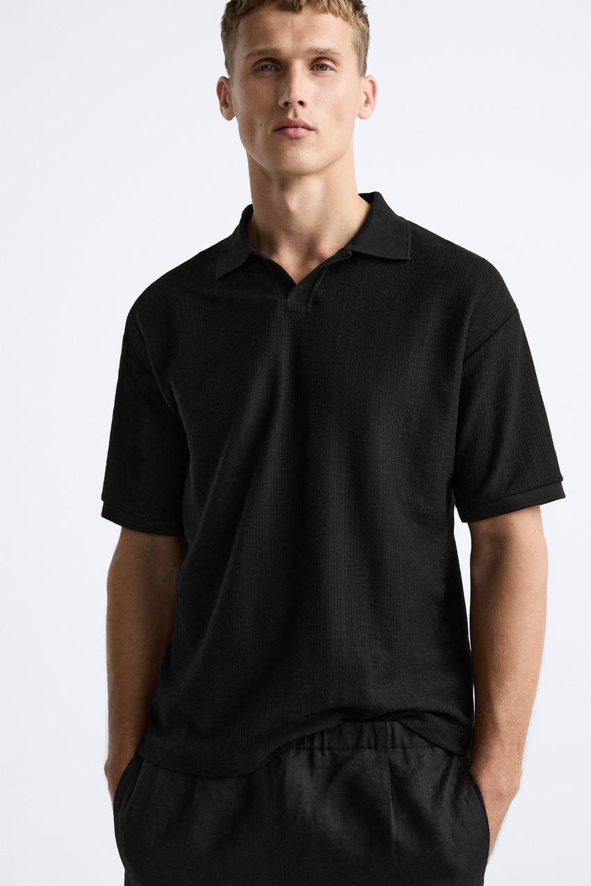 ZARA OPEN NECK VERTICAL TEXTURED POLO SHIRT