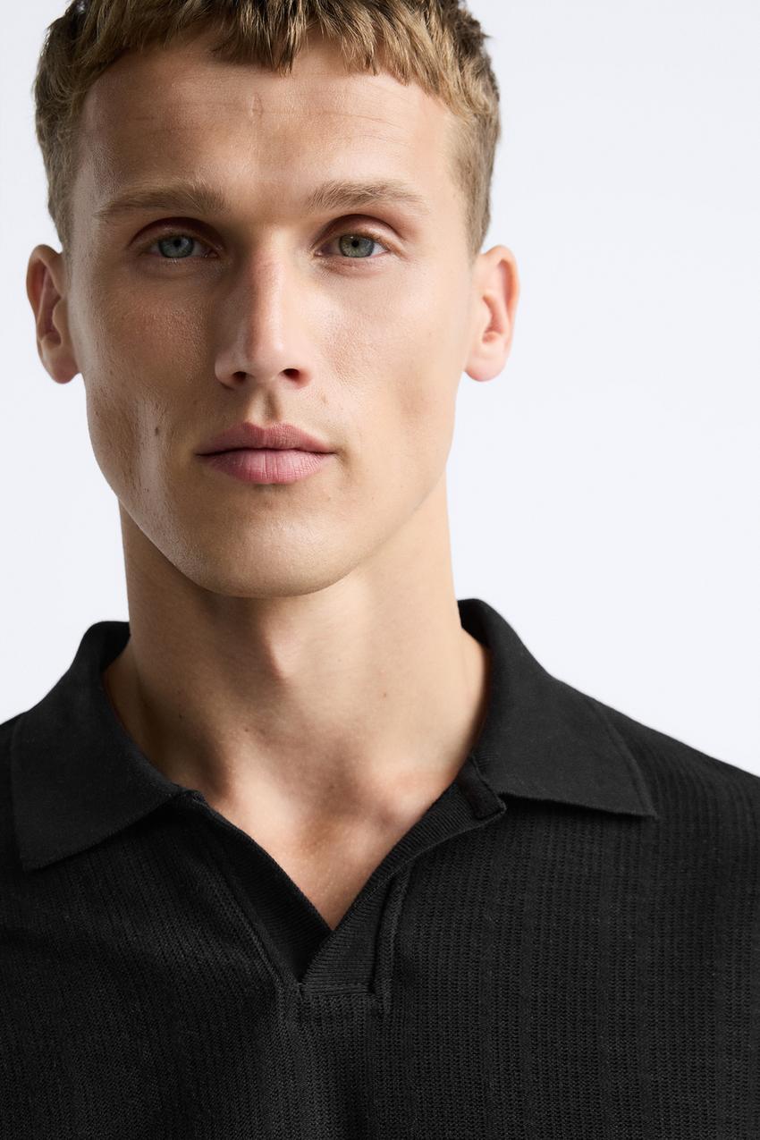 ZARA OPEN NECK VERTICAL TEXTURED POLO SHIRT