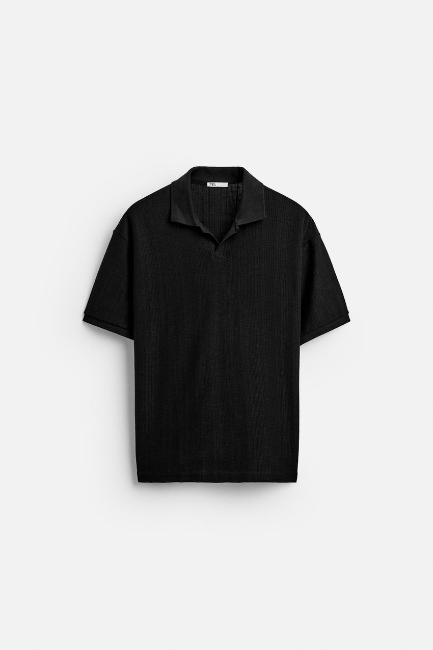 ZARA OPEN NECK VERTICAL TEXTURED POLO SHIRT