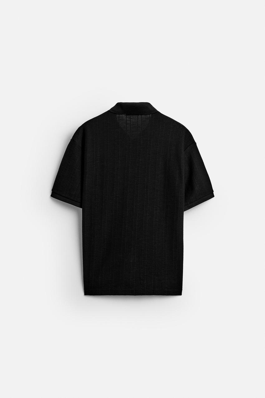 ZARA OPEN NECK VERTICAL TEXTURED POLO SHIRT