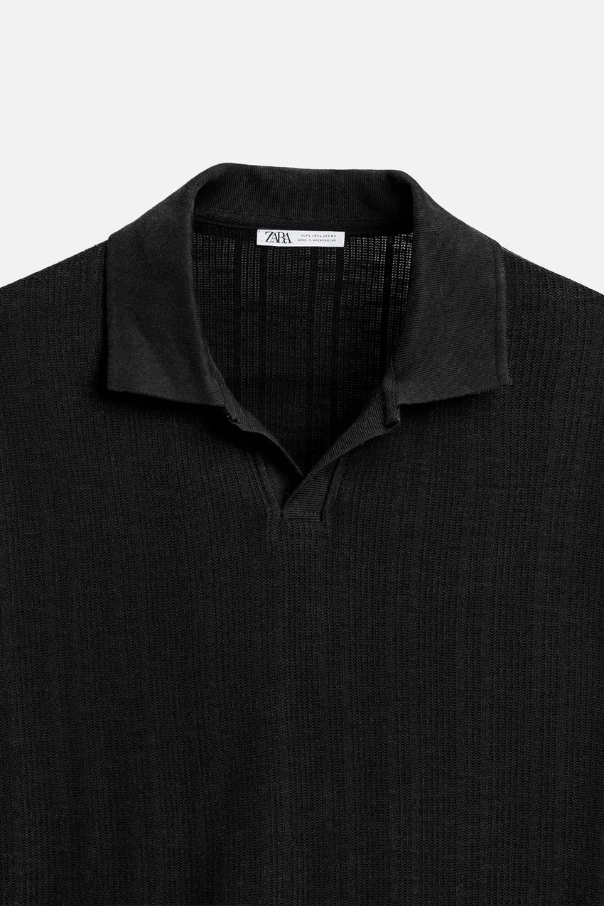 ZARA OPEN NECK VERTICAL TEXTURED POLO SHIRT